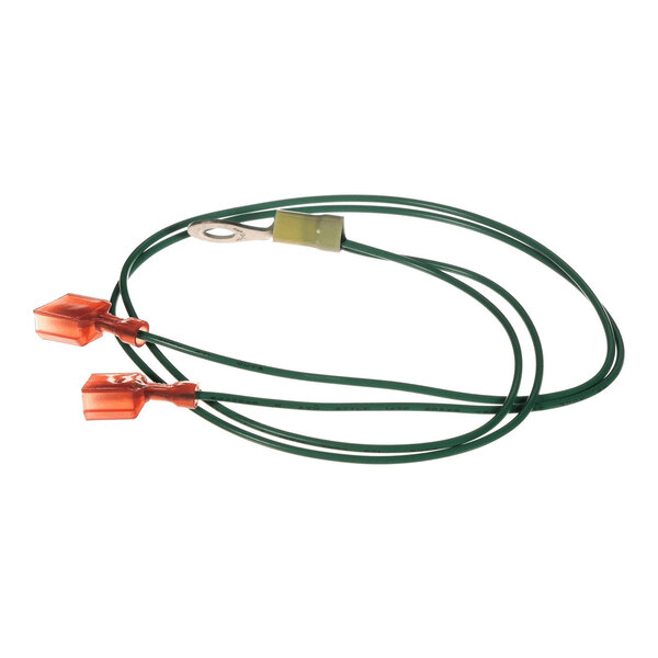 A green wire with a metal ring terminal on one end and two orange plastic connectors on the other end.