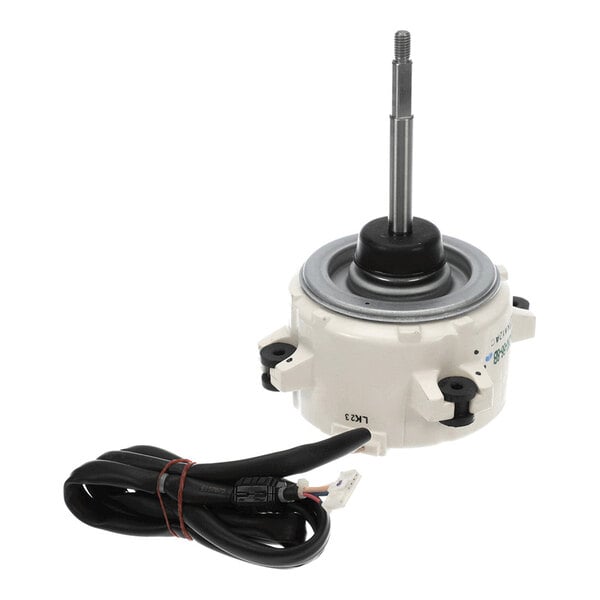 A cylindrical electric motor with a central metal shaft, mounting brackets, and an attached black electrical cable with connectors.