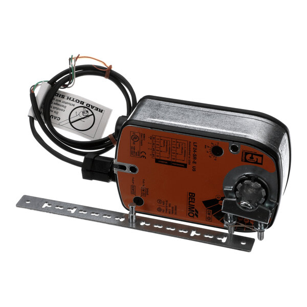 A rectangular mechanical device with an orange and black casing, attached to a metal mounting bracket, and connected to a black cable with exposed wires at the end.