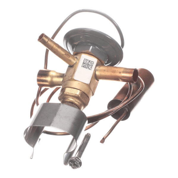 A brass and copper mechanical valve assembly with multiple tubes, a metal clamp, and a coiled sensor line.