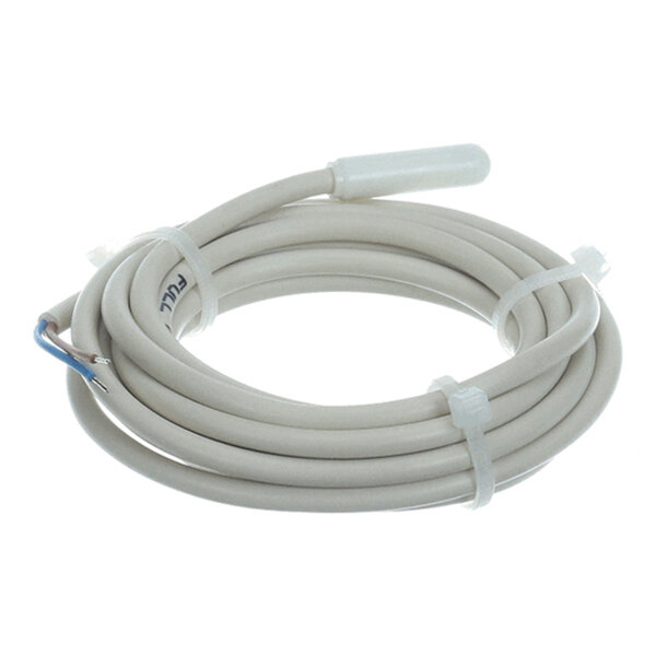 A coiled white cable with a cylindrical sensor at one end and exposed wires at the other, secured with plastic ties.