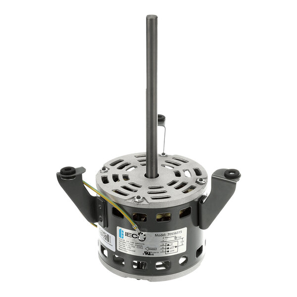 A cylindrical electric motor with a central vertical shaft, two mounting brackets, and visible wiring and labeling on the side.
