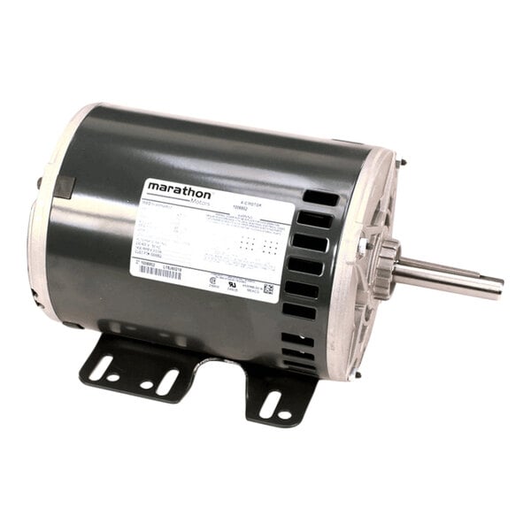 A cylindrical electric motor with a metal mounting base, visible shaft, and a label on the side.