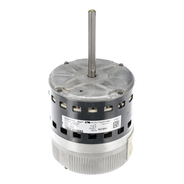 A cylindrical electric motor with a central shaft, ventilation openings, and a label with technical specifications.