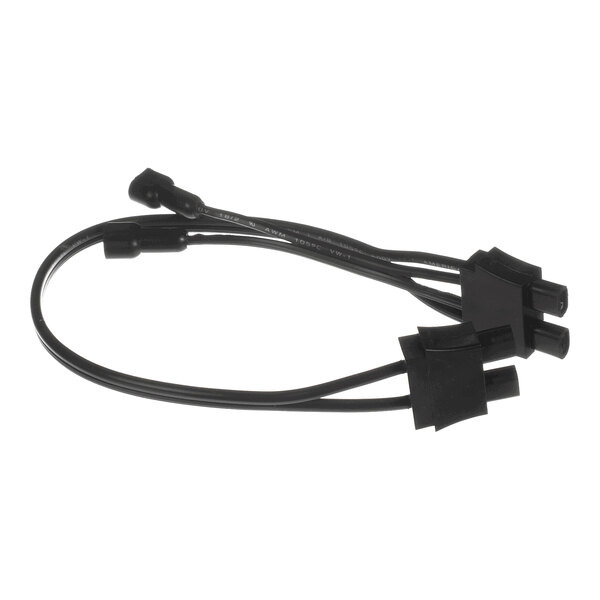 A black electrical wiring harness with multiple connectors and plugs attached to the ends.