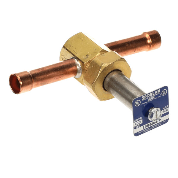 A brass and copper solenoid valve with a blue identification tag attached to a metal stem.