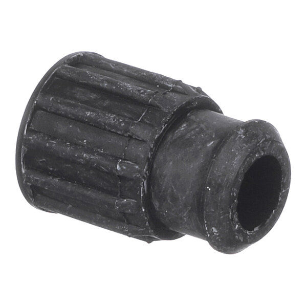 A black, cylindrical rubber-like component with a ribbed texture and a hollow center, likely used for vibration isolation.
