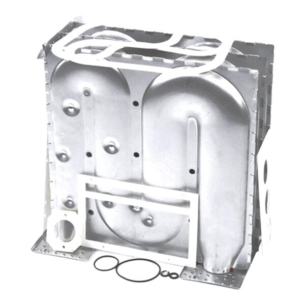 A metallic, box-shaped component with rounded and indented surfaces, accompanied by several white gaskets and black O-rings placed in front of it.