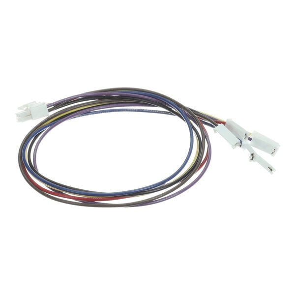 A set of multicolored electrical wires with white plastic connectors on each end, coiled in a loop.
