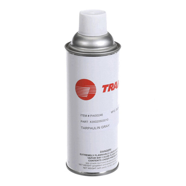 A white spray paint can with a gray cap and red logo, labeled 'Tarpaulin Gray.'