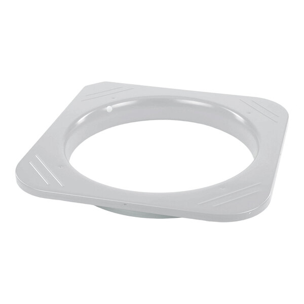 A square, flat, gray plastic or metal cover with a large circular opening in the center and slightly raised edges.