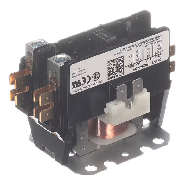 A single-pole electrical contactor with a visible coil, metal mounting base, and multiple terminal connections.