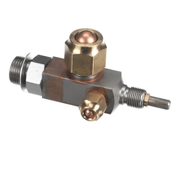 A metal valve with threaded connectors and brass fittings, featuring a cylindrical body and multiple connection points.