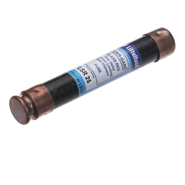 A cylindrical fuse with copper-colored metal ends and a labeled body indicating electrical specifications.