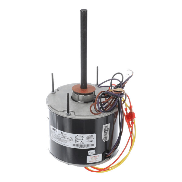 A cylindrical electric motor with a central shaft, attached wires, and a label with technical specifications.