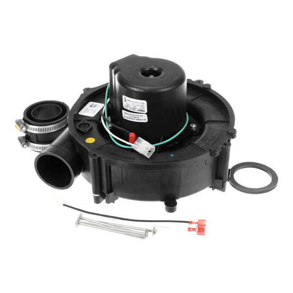 A black mechanical component with attached wires, hose clamps, a gasket, and additional small hardware parts displayed on a white background.