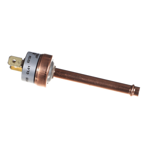 A cylindrical metallic component with a copper tube and electrical terminals on one end.