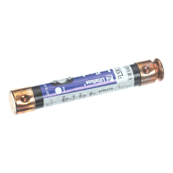 A cylindrical electric fuse with metallic ends and a labeled body.