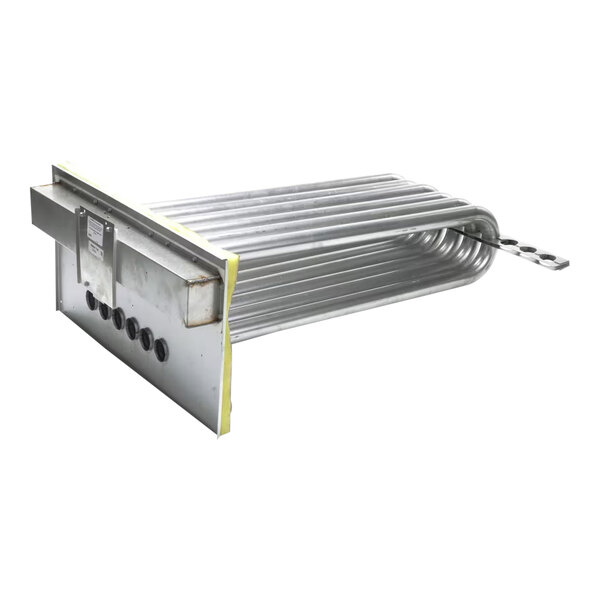 A metallic heat exchanger assembly with multiple curved tubes and a flat mounting plate featuring several circular ports and a control box.