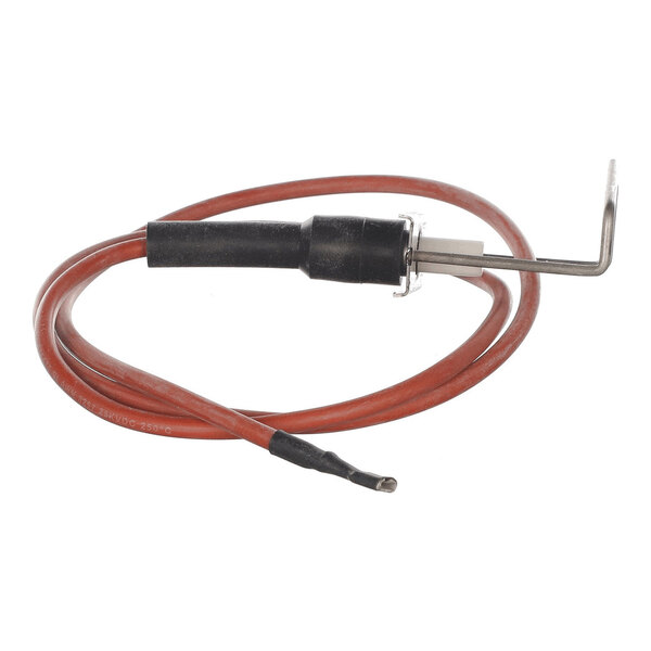 A coiled red wire with a black connector and a metal rod bent at a right angle at one end.