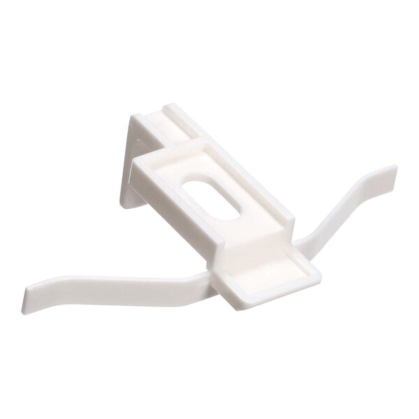 A white plastic component with two angled arms and a rectangular central section featuring a slot.