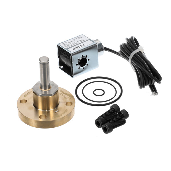 A metal solenoid valve assembly with a brass base, a cylindrical shaft, a wired solenoid coil, two O-rings, and three black bolts.