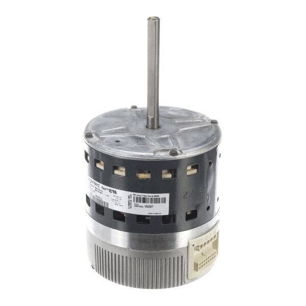 A cylindrical electric motor with a long central shaft, ventilation openings, and a connector port at the base.