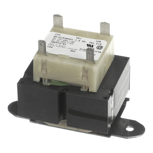 A rectangular electrical transformer with metal mounting brackets and labeled terminals on top.