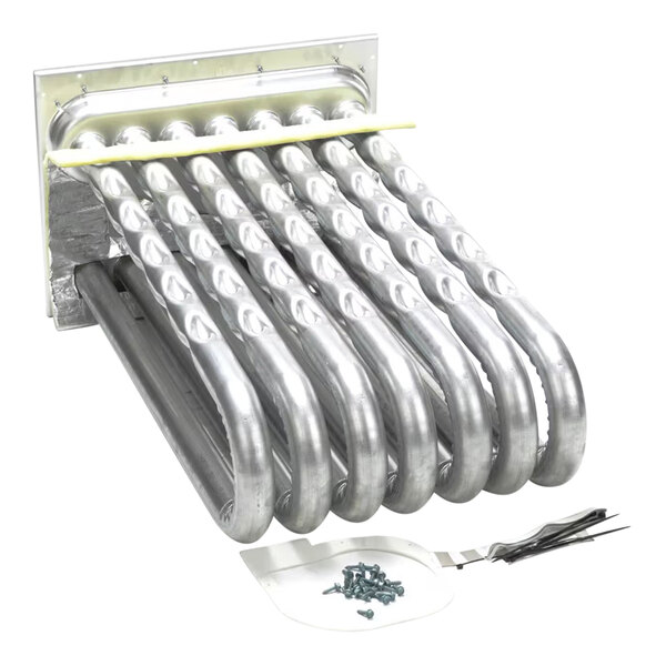 A metallic heat exchanger assembly with multiple curved tubes, a mounting plate, and a set of screws and metal strips placed on a white surface.