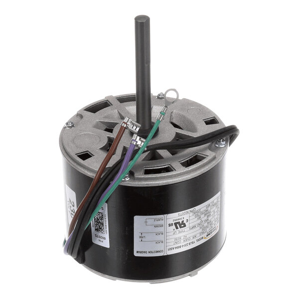 A cylindrical electric motor with a central shaft and several colored wires extending from its side.