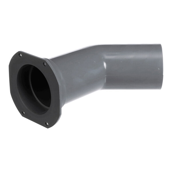 A gray, angled plastic pipe with a flanged end and a smooth cylindrical end, likely used for ventilation or exhaust purposes.