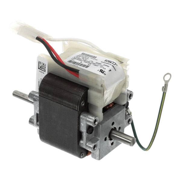 A small electric motor with a metal housing, exposed wiring, and a label on top, featuring two protruding shafts and a grounding wire.