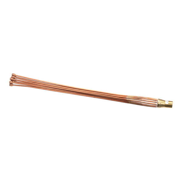 A bundle of ten copper tubes with one end belled and joined by a brass fitting.