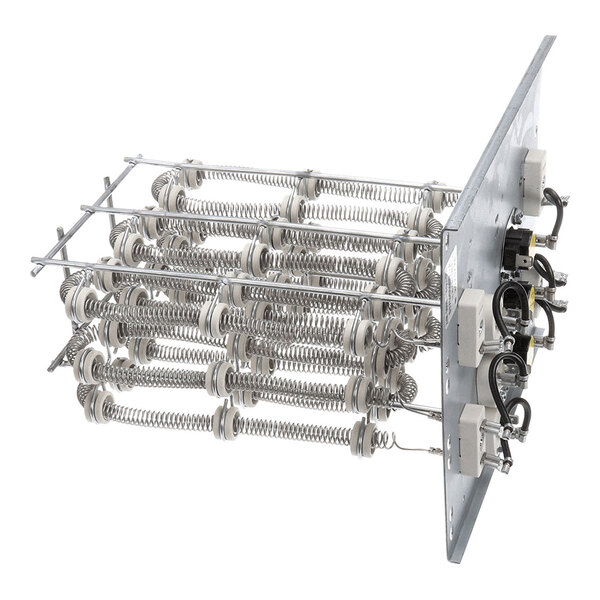A metal heating element assembly with multiple coiled wires mounted on a metal frame and attached to a control panel with electrical connections.