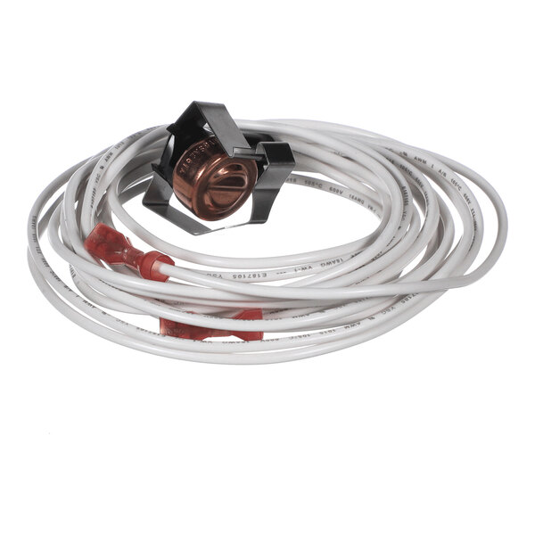 A coiled white electrical wire with a copper and black sensor component attached.