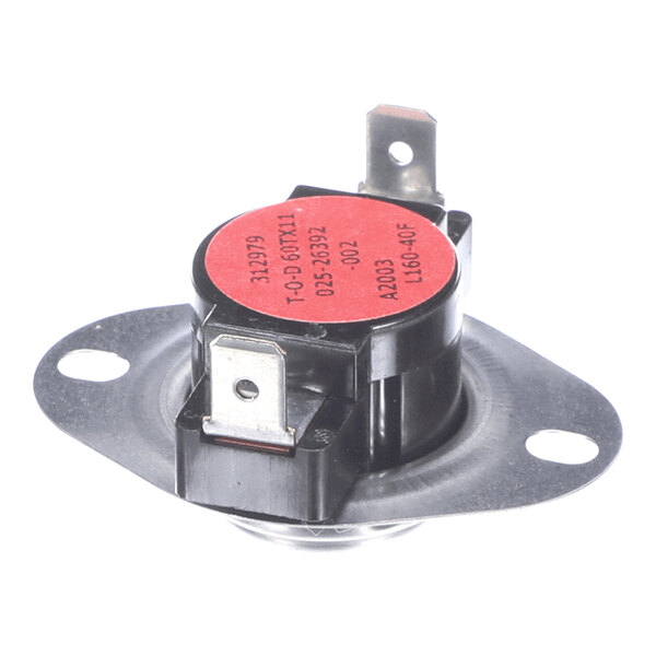 A small round black and red electronic component with two metal terminals and a mounting flange with two holes.