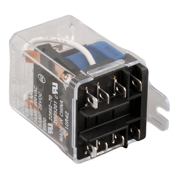 A rectangular electrical relay with a transparent plastic cover, visible internal components, and multiple metal terminals for connections.