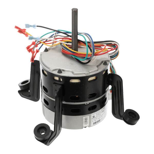 A cylindrical electric motor with a central shaft, multiple colored wires, and three black mounting brackets.