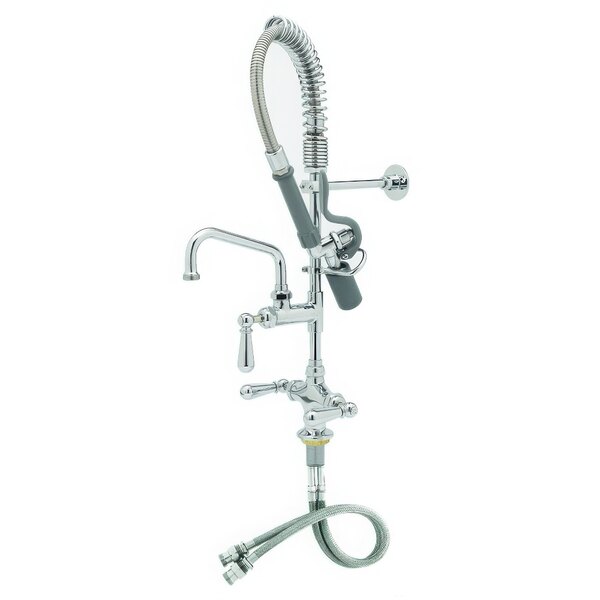 A chrome T&S deck mounted pre-rinse faucet with flex inlets, club handles, and a hose.