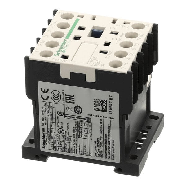 A black and white electrical contactor with multiple terminal ports and a label displaying technical specifications and certifications.