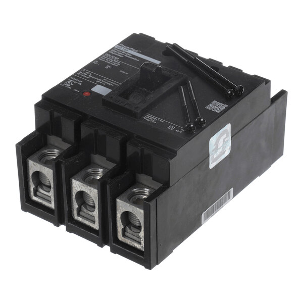A black three-pole circuit breaker with three large terminal connections and a switch on top, accompanied by three screws.