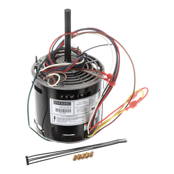A cylindrical electric motor with multiple colored wires attached, accompanied by zip ties and brass connectors placed in front of it.