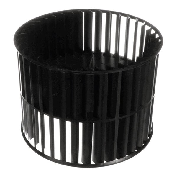 A black cylindrical plastic wheel with evenly spaced vertical slats and a solid central hub.
