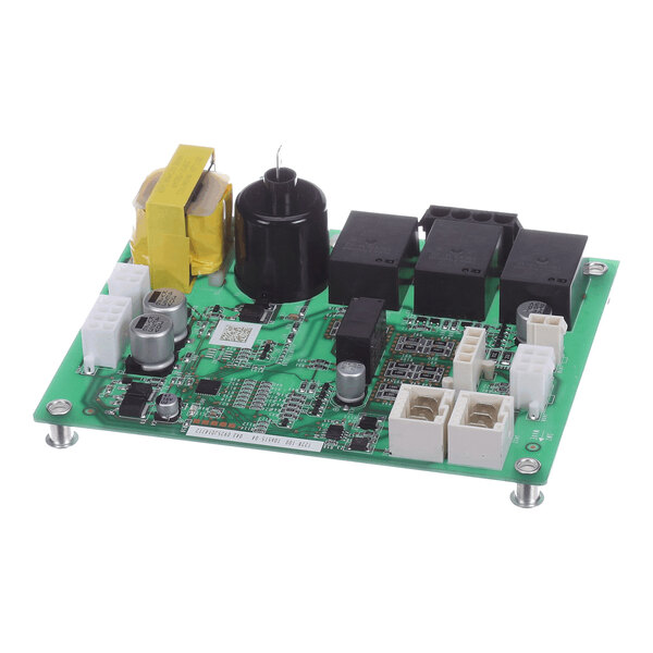 A green electronic circuit board with various components including capacitors, relays, connectors, and a transformer, mounted on four standoffs.