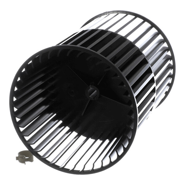A cylindrical black plastic fan wheel with evenly spaced blades and a central hub, accompanied by a small metal clip.
