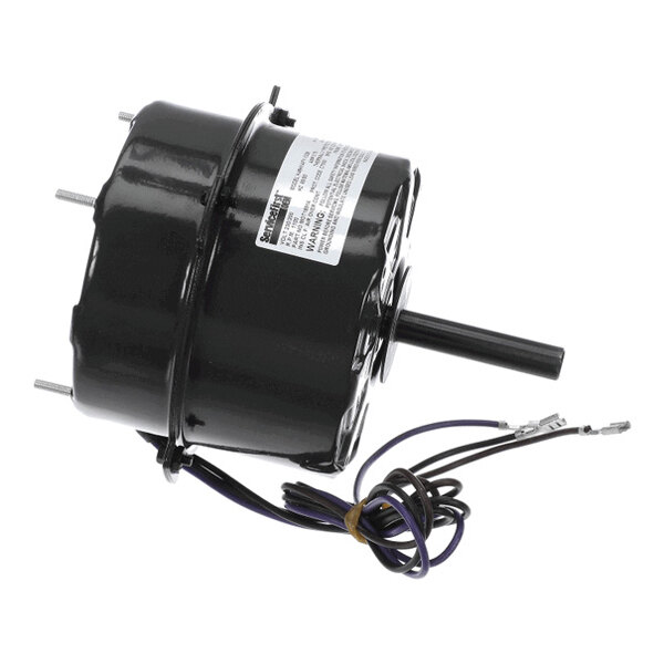 A black cylindrical electric motor with a central shaft, mounting studs, and attached wires.
