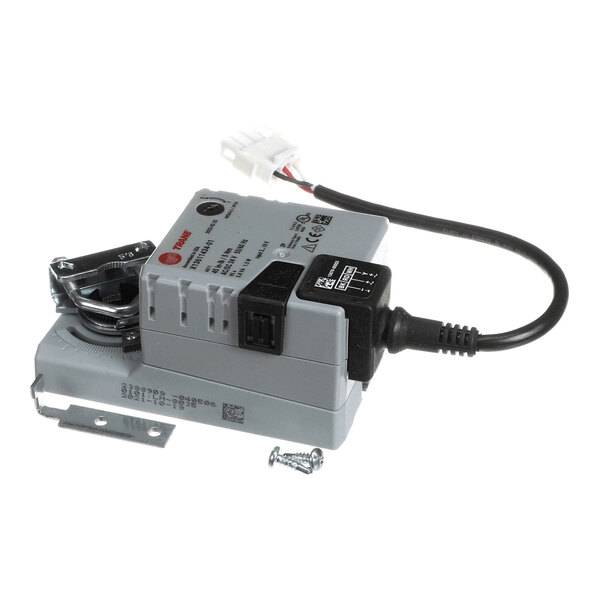 A gray rotary actuator device with a black power cord, mounting bracket, and two screws, shown on a white background.