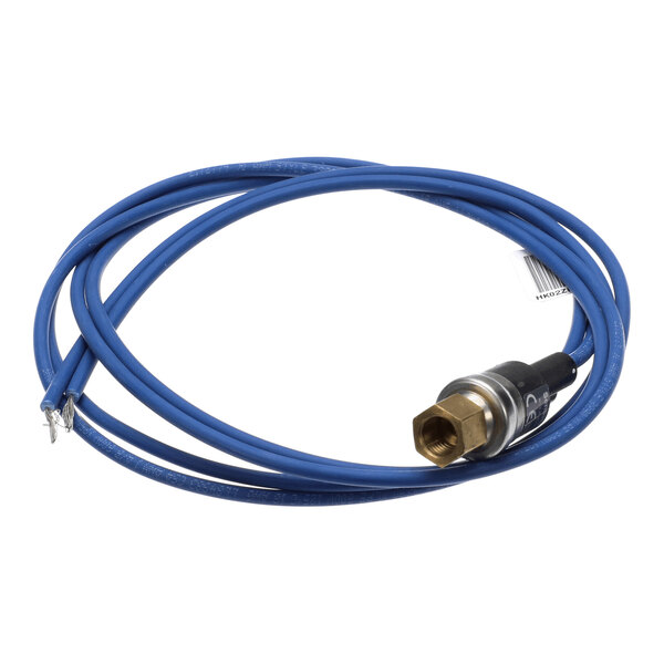 A blue electrical wire with a metal and plastic sensor or switch component attached at one end.