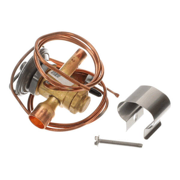 A brass and copper valve assembly with coiled tubing, accompanied by a metal clip and a screw, all placed on a white background.