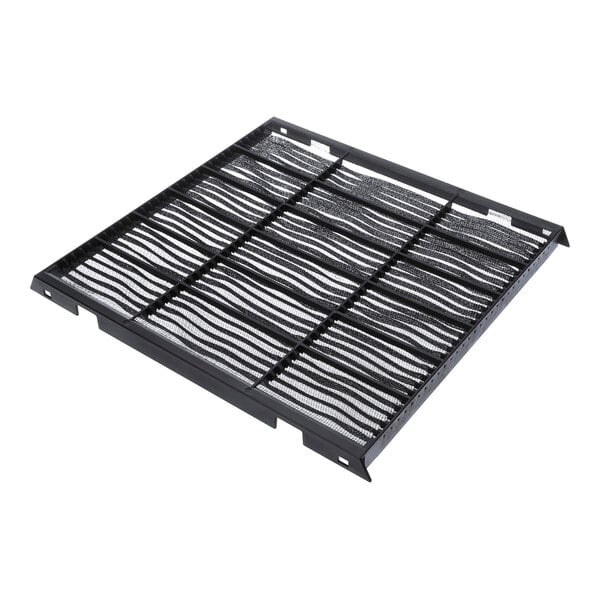 A rectangular black mesh filter with a grid-like frame, viewed from an angle against a white background.